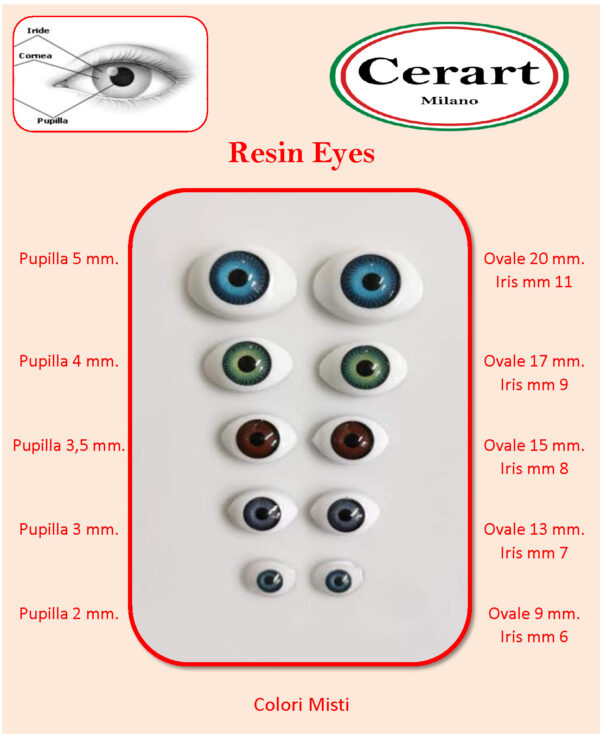SET 4 COPPIE DI OCCHIETTI 20mm - Iride 11mm. Colori  AZZURRI - VERDI - MARRONI - GRIGI - immagine 2